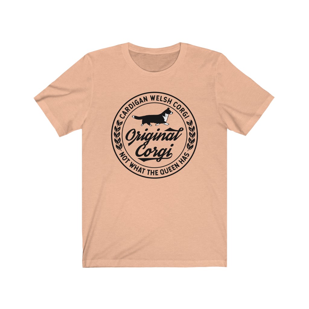 Peach colored short sleeve tshirt with "Original Corgi" design and Cardigan Welsh corgi graphic