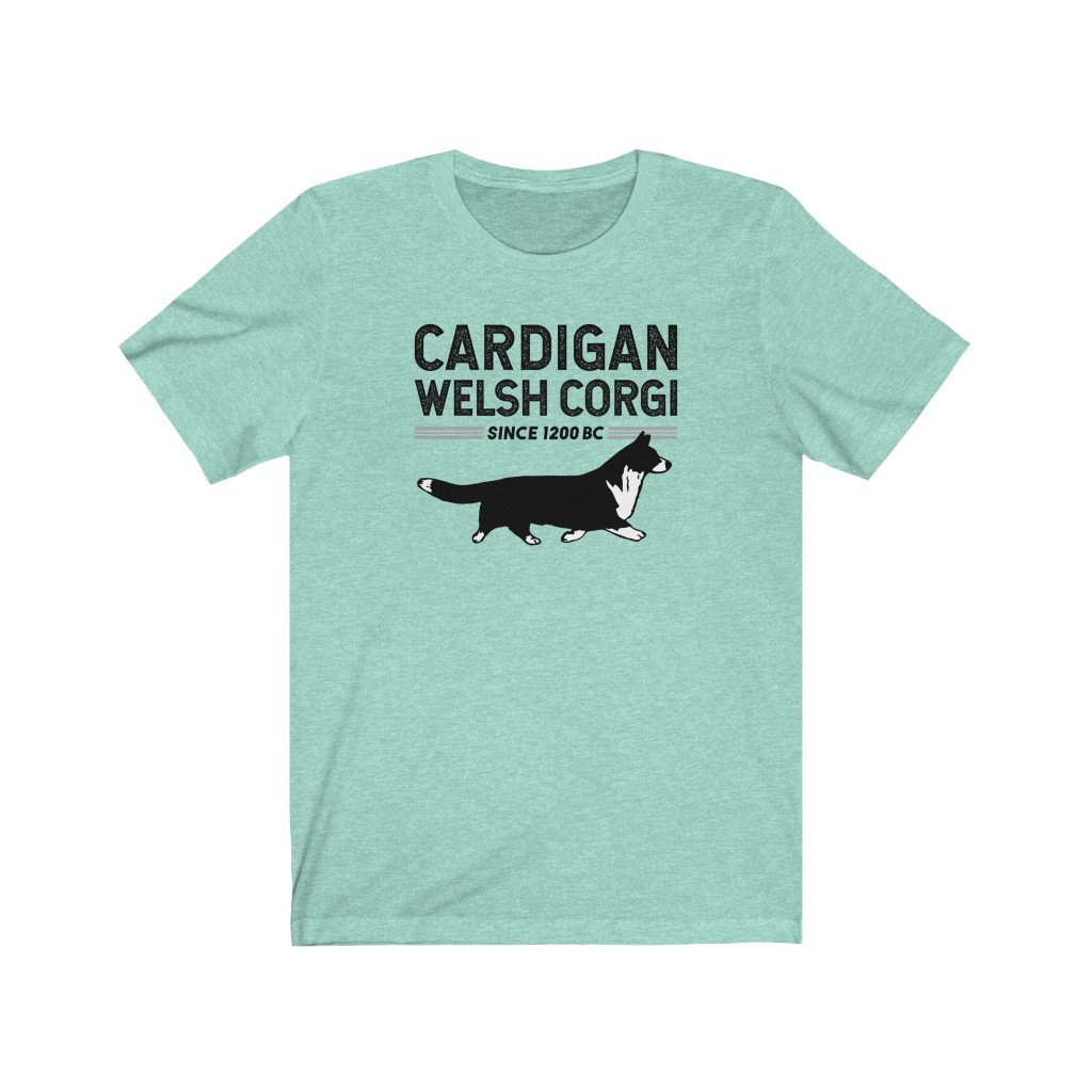 Short sleeve mint green tshirt with a black & white Cardigan corgi design