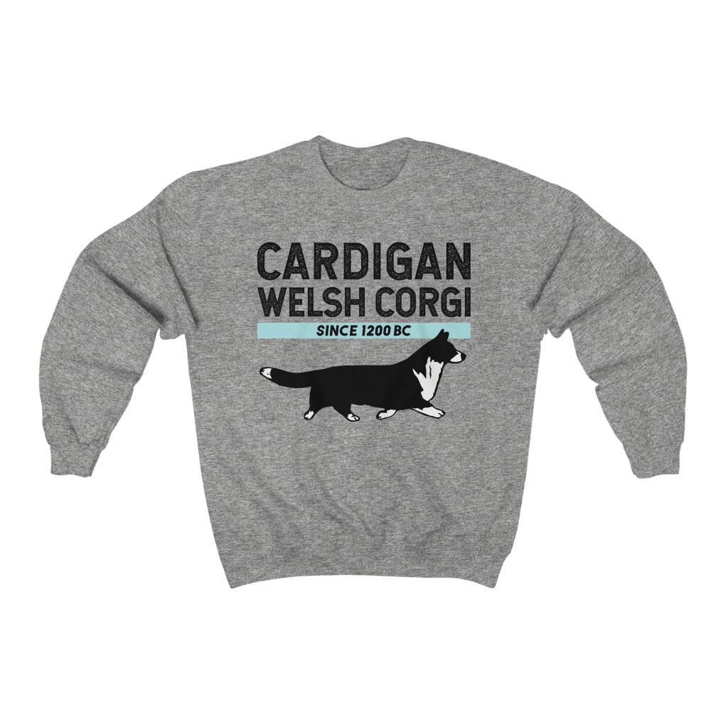 Dark grey crew neck sweatshirt with "Cardigan Welsh Corgi" in large letters and a cardi graphic underneath 